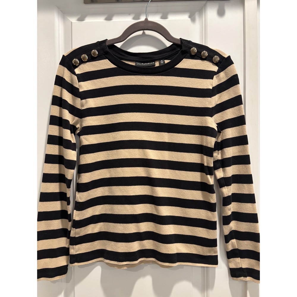 Rafaella Striped Long Sleeve Top Womens XS Black Tan Gold Shoulder Buttons